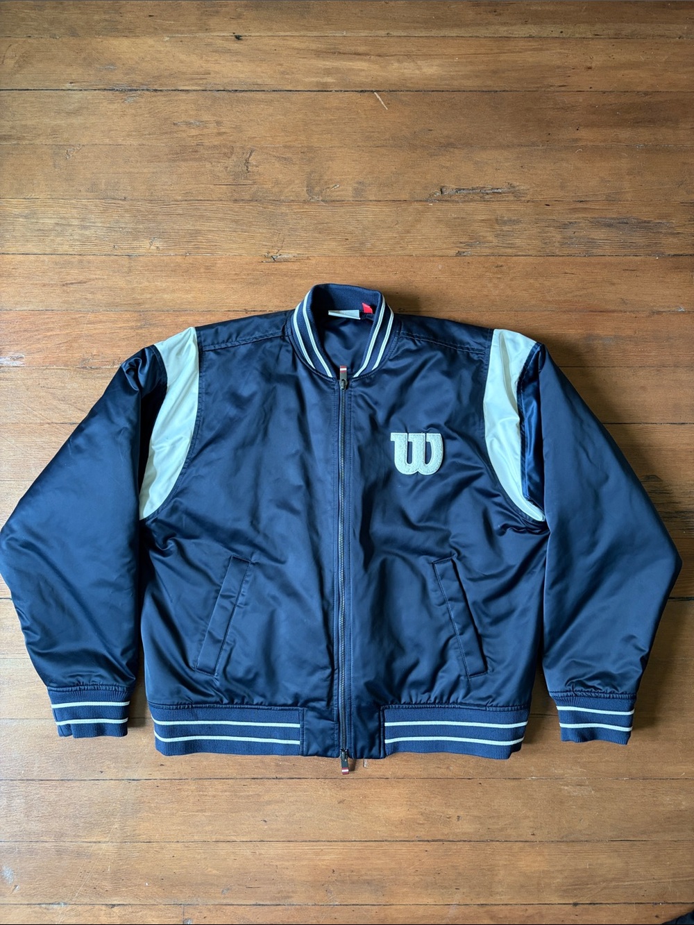 Wilson Navy Bomber Jacket with White Shoulder Panels and Striped Trim